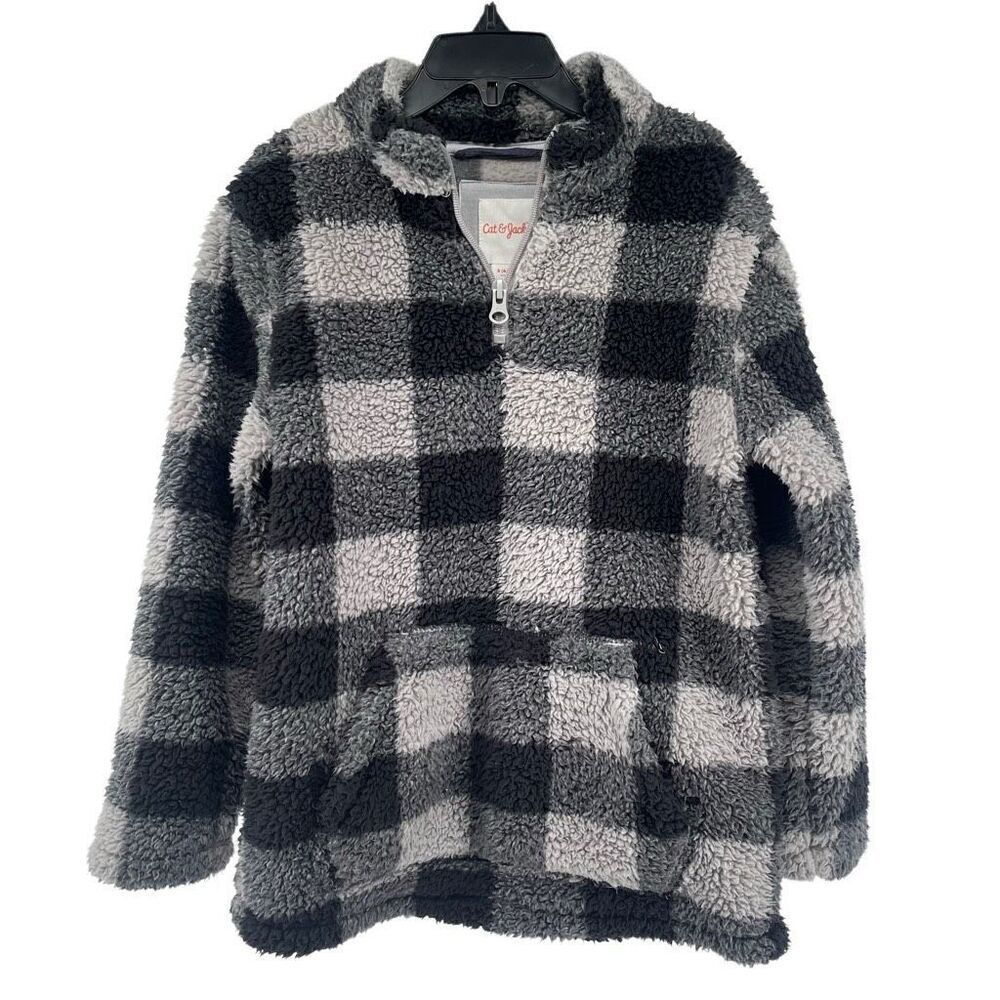 Cat & Jack Kid’s Gray Black Checkered 1/4 Zip Teddy Fleece Pullover Sweater 6/7